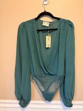Joyfolie Teal Wrap-Front Long Sleeve Bodysuit